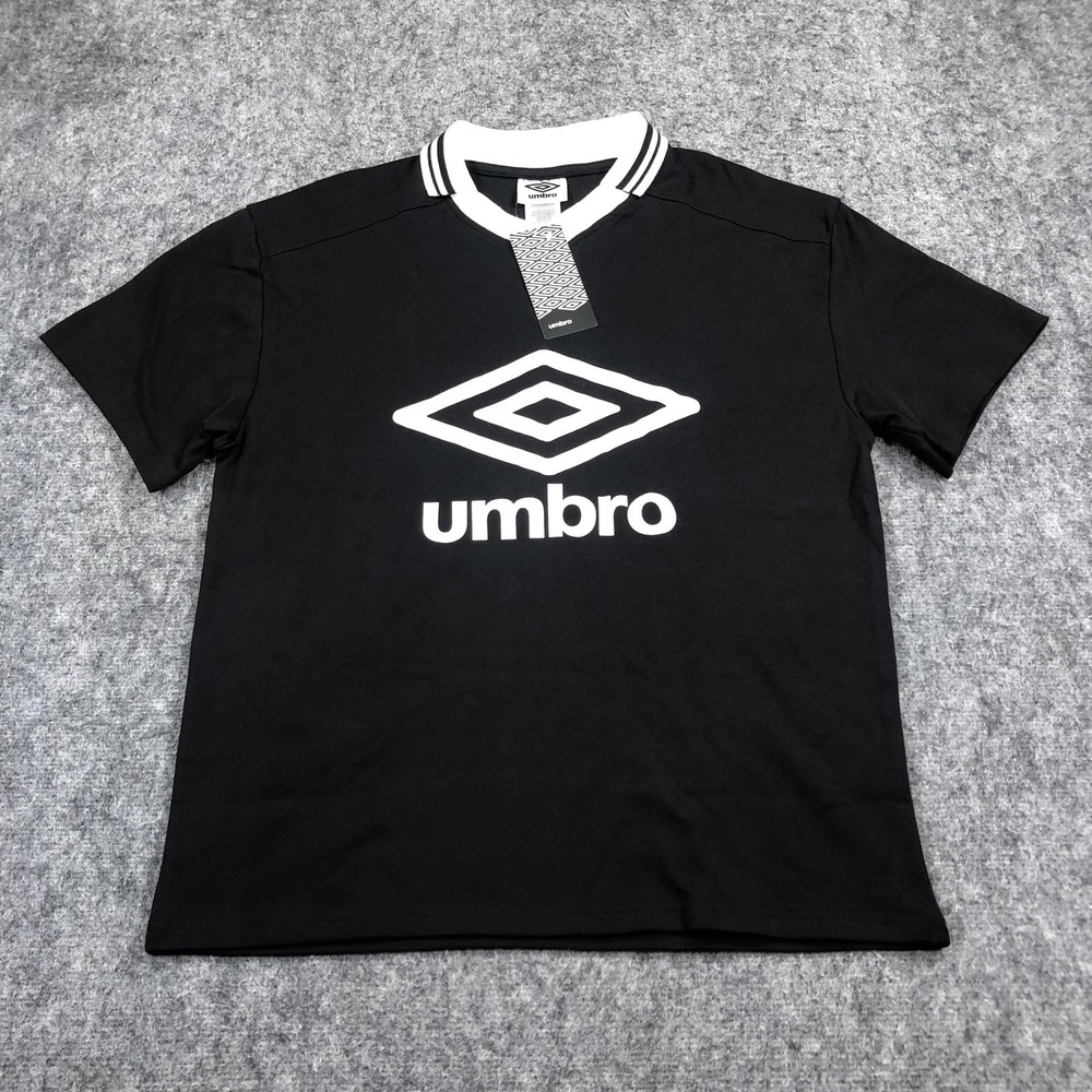 Umbro Shirt Mens M Black Big Logo Soccer Graphic Tee Contrast Collar Casual